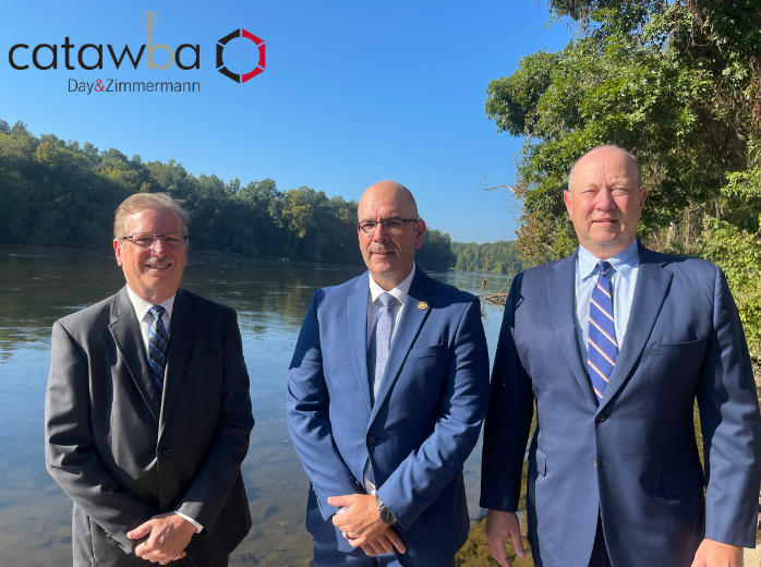 Photo caption:  (R-L) Steve Shirley, DZMC government operations vice president; Ronnie Beck, Catawba Corporations CEO; and Kevin Butterfield, DZMC government operations market leader, gather on the Catawba Reservation in front of the Catawba River in Rock Hill, S.C